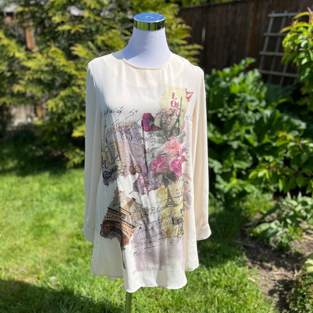 Francesca Gazella Longline Paris‎ Print Flowy Top Button Sleeves Elegant Size 6